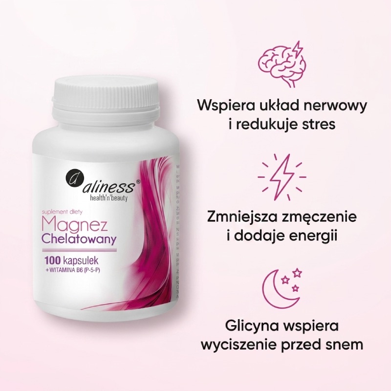 Glicynian Magnezu - Magnez Chelatowany + Witamina B6 (P-5-P) - Aliness 100 kaps. - obrazek 2