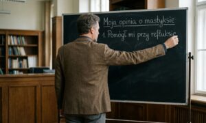 Mężczyzna pisze kredą na tablicy, grafika do artykułu mastika opinie ludzi o tym suplemencie
