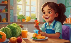 Ilustracja dziecka siedzącego przy stole z warzywami. W rękach trzyma kompleks ADEK dla dzieci.