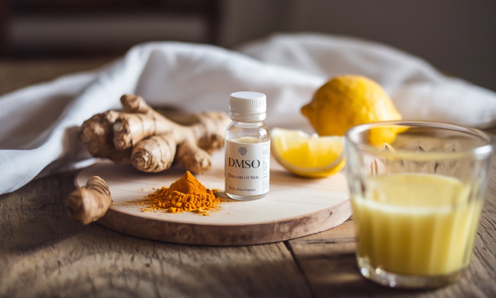 DMSO, imbir, cytryna, kurkuma leżą na stole