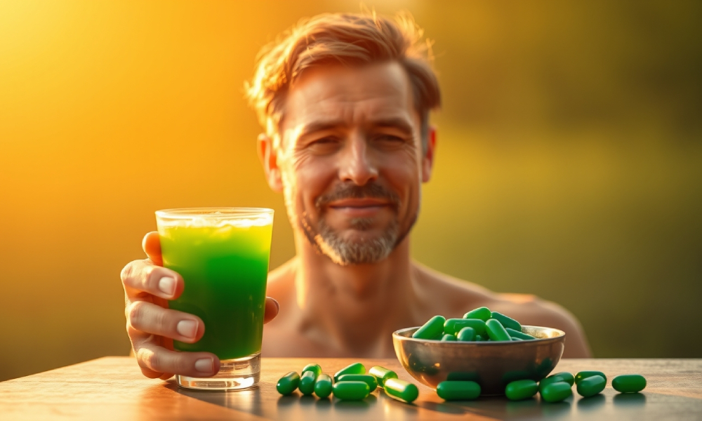 mężczyzna-zielone smoothie-tabletki