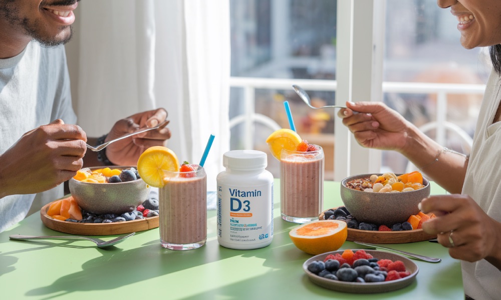 2 ludzi je śniadanie i zażywa witaminę d3