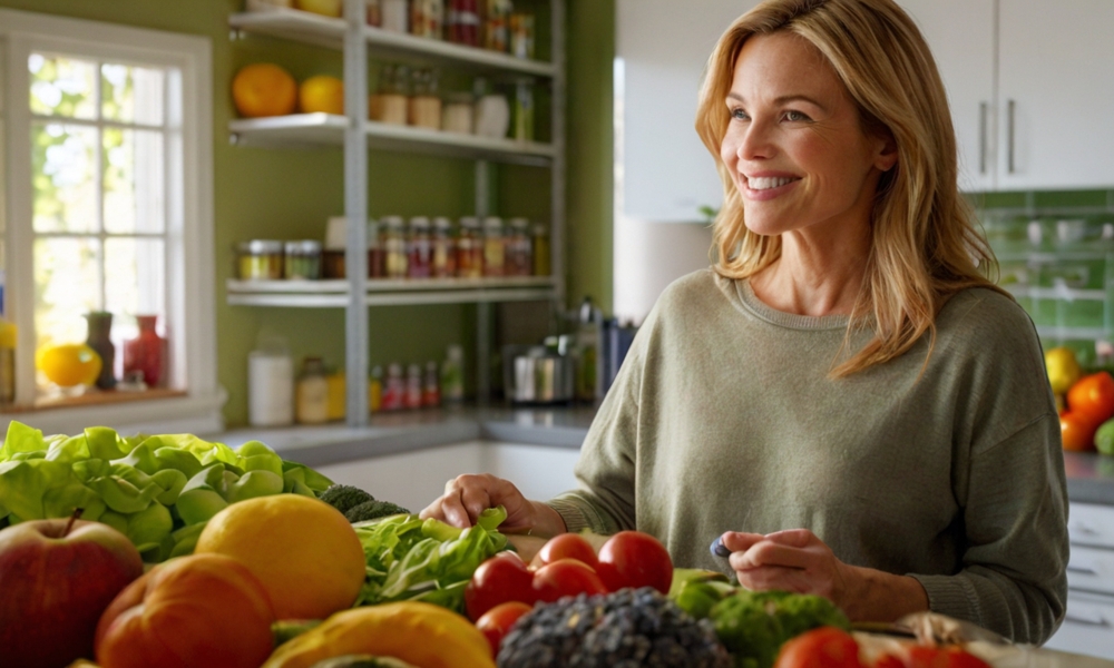 kobieta przy stole pełnym warzyw