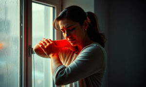 kobieta przy oknie, którą boli łokieć. Chroniczny ból