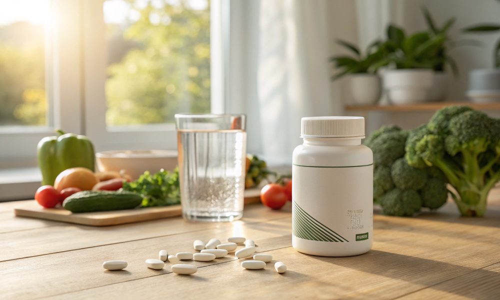 siarczan chondroityny -tabletki rozsypane po kuchennym stole