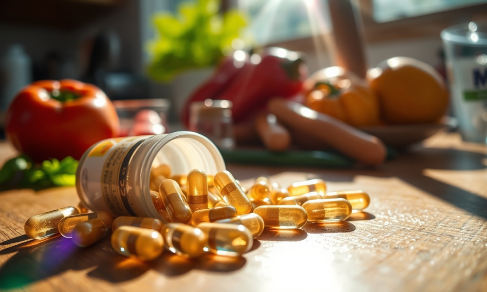 suplementy rozsypane na kuchennym stole