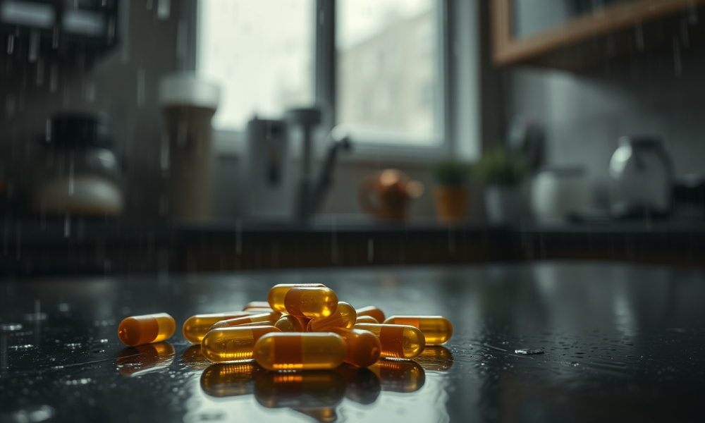 suplement zmoczony deszczem na kuchennym stole