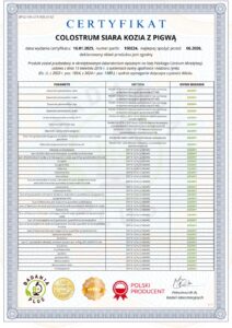 Certyfikat badania plus dla colostrum kozie skoczylas