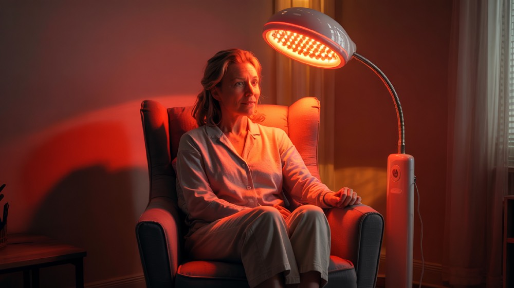 kobieta siedzi i korzysta z terapii czerwonym światłem