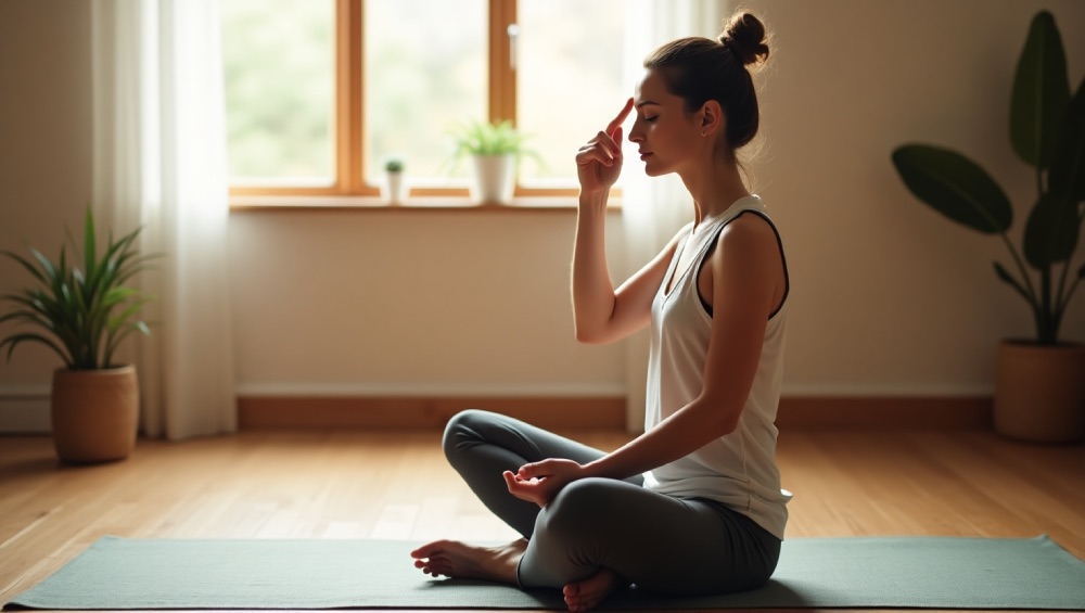 Kobieta stosuje akupresurę na czoło