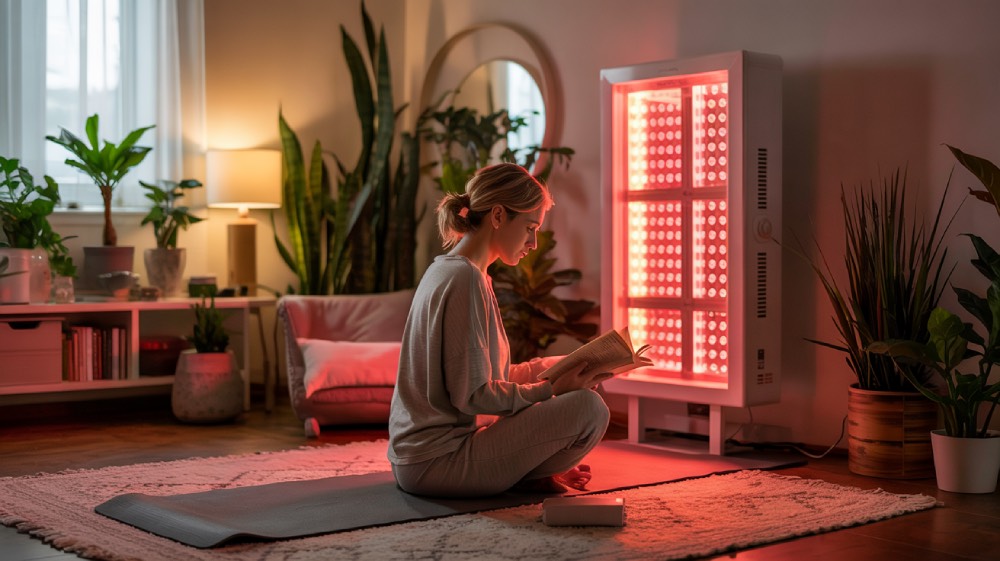 Kobieta czyta książkę stosując terapię czerwonym swiatłem