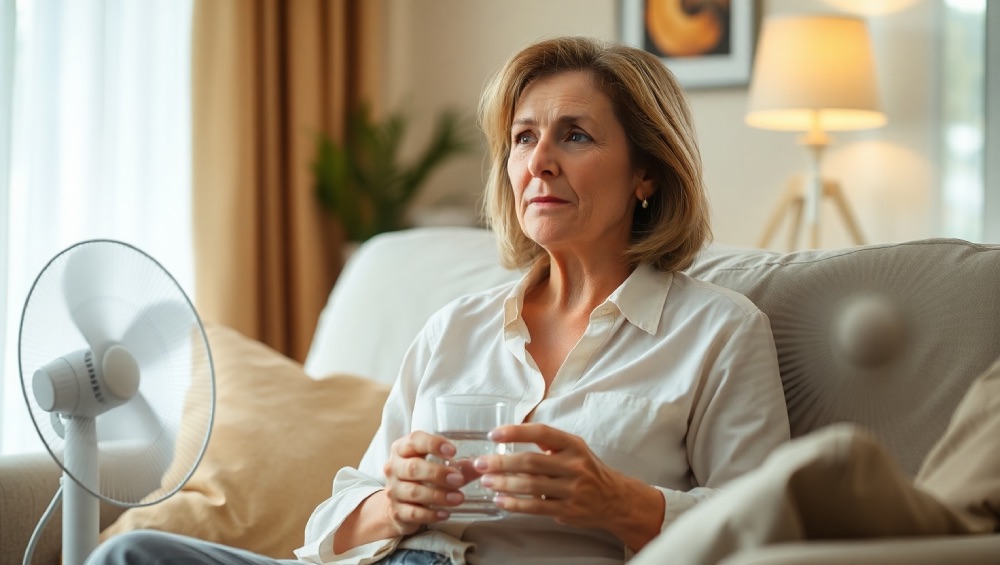 kobieta siedzi na kanapie, menopauza - uderzenia gorąca