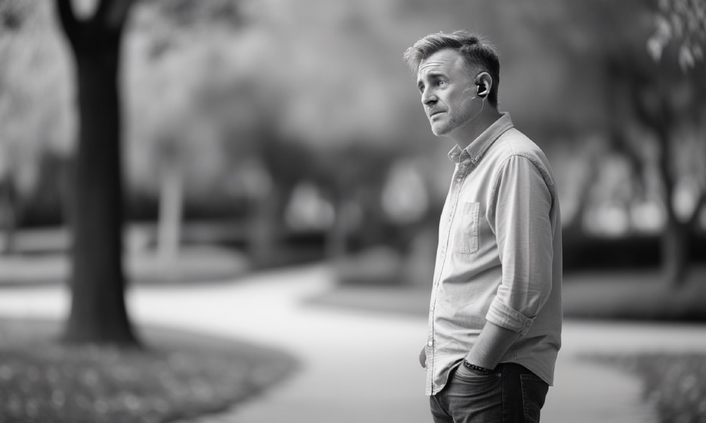 mężczyzna stoi w parku, ma problemy ze sluchem