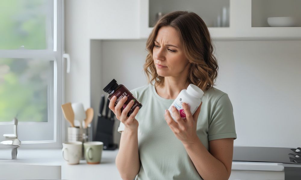 Kobieta zastanawia się nad wyborem suplementu