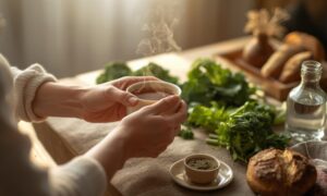 Herbata w ręku i zioła na stole, grafika wiodąca do artykułu sposoby na zaparcia