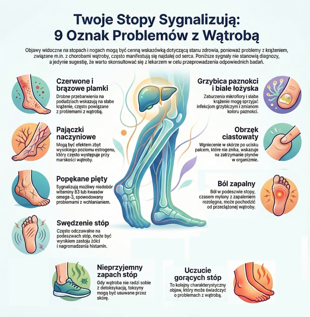 Infografika: 9 oznak problemów z wątrobą na stopach