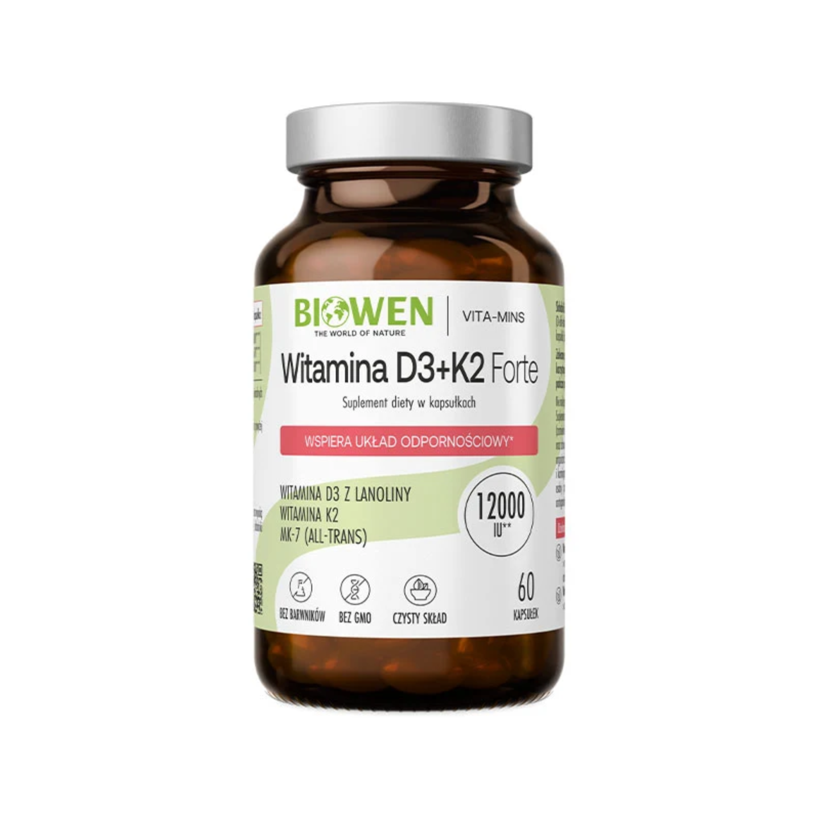 Witamina D3 + K2 Forte Biowen 60 kapsułek - 12 000 IU D3, 200 µg K2 MK-7, olej MCT, witamina E