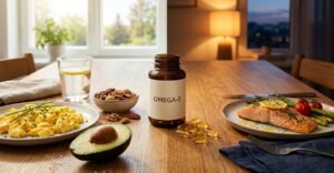 Kwasy omega-3 rano czy wieczorem: śniadanie, kolacja i suplement omega-3 z kapsułkami na jednym stole